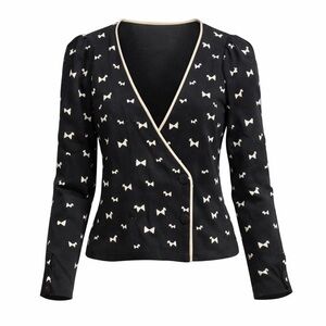 Black Bow Print Wrap Cardigan Jacket Cream Piping V-Neck